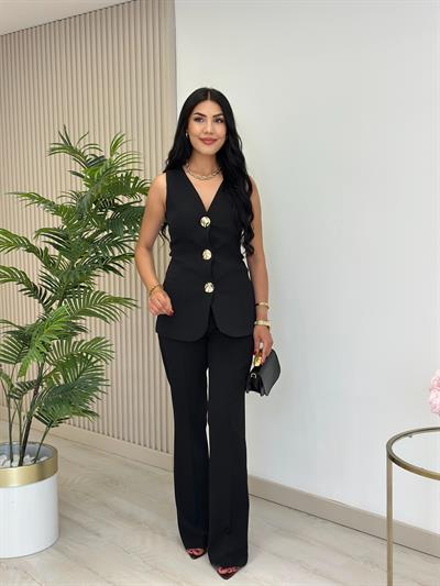 Gold Düğmeli Atlas Kumaş Astarlı Premium Takım Siyah