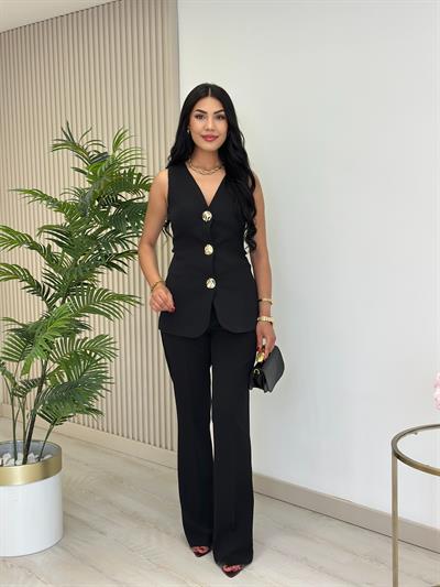 Gold Düğmeli Atlas Kumaş Astarlı Premium Takım Siyah