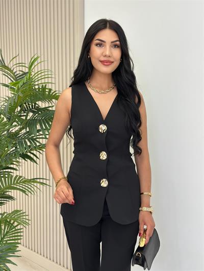 Gold Düğmeli Atlas Kumaş Astarlı Premium Takım Siyah