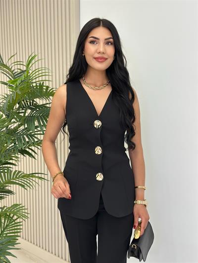 Gold Düğmeli Atlas Kumaş Astarlı Premium Takım Siyah