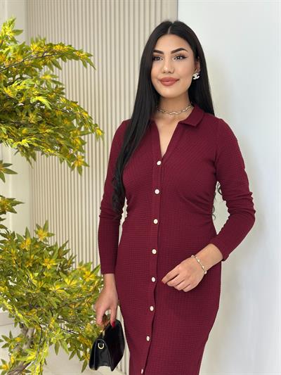 Gold Düğmeli Beli Drapeli Gömlek Yaka Elbise Bordo