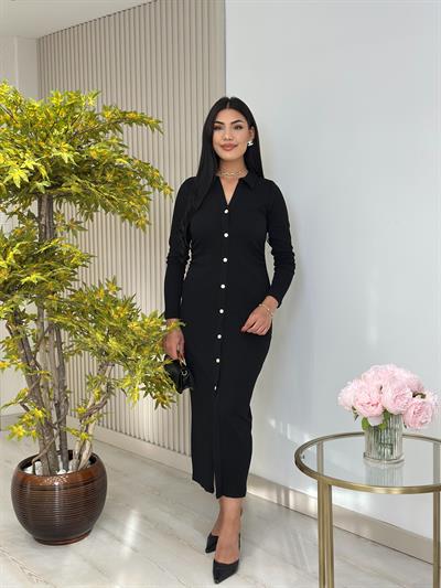 Gold Düğmeli Beli Drapeli Gömlek Yaka Elbise Siyah