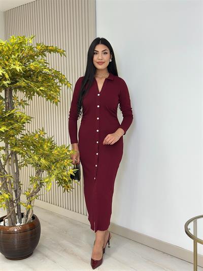 Gold Düğmeli Beli Drapeli Gömlek Yaka Elbise Bordo