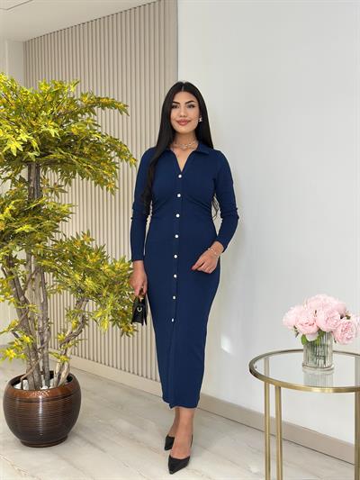 Gold Düğmeli Beli Drapeli Gömlek Yaka Elbise Lacivert