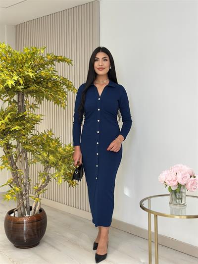 Gold Düğmeli Beli Drapeli Gömlek Yaka Elbise Lacivert