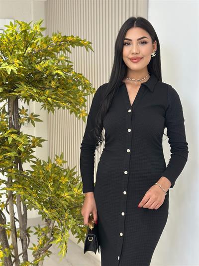 Gold Düğmeli Beli Drapeli Gömlek Yaka Elbise Siyah