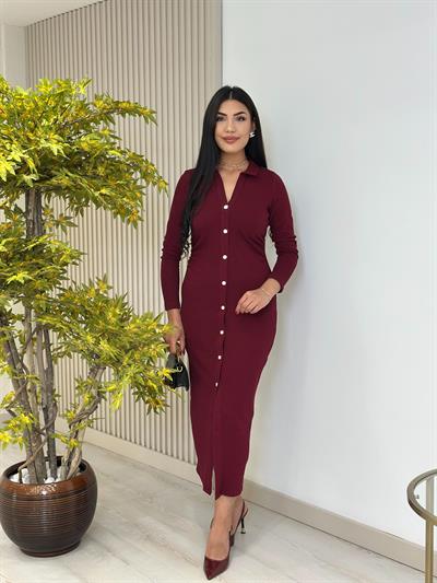 Gold Düğmeli Beli Drapeli Gömlek Yaka Elbise Bordo