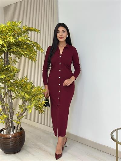 Gold Düğmeli Beli Drapeli Gömlek Yaka Elbise Bordo