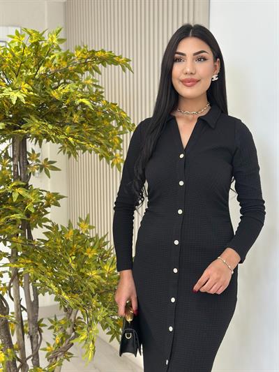 Gold Düğmeli Beli Drapeli Gömlek Yaka Elbise Siyah