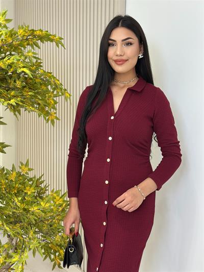 Gold Düğmeli Beli Drapeli Gömlek Yaka Elbise Bordo