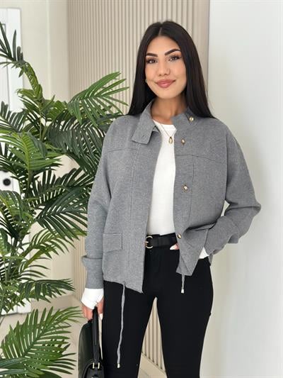 Gold Düğmeli Çelik Örme Hırka Antrasit