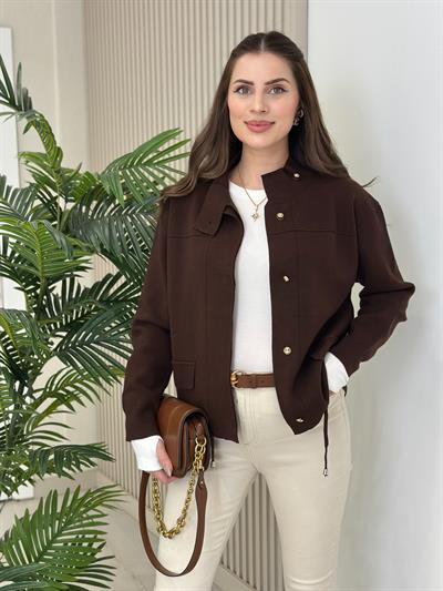 Gold Düğmeli Çelik Örme Hırka Kahve