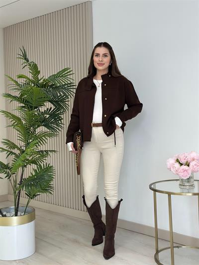 Gold Düğmeli Çelik Örme Hırka Kahve