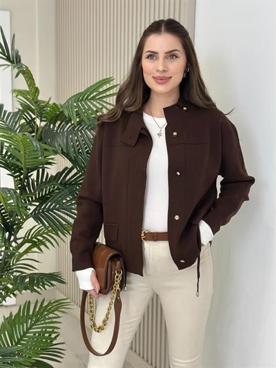 Gold Düğmeli Çelik Örme Hırka Kahve