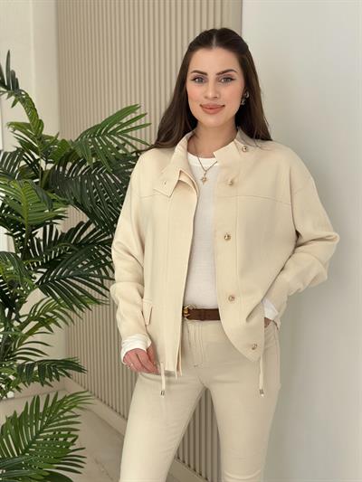 Gold Düğmeli Çelik Örme Hırka Krem