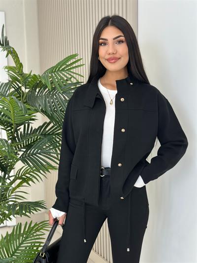 Gold Düğmeli Çelik Örme Hırka Siyah