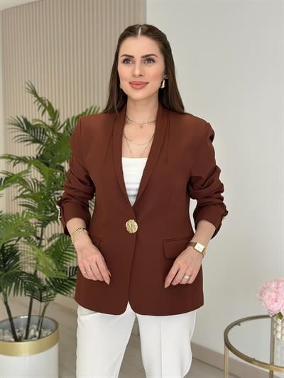 Gold Düğmeli Dik Yaka Blazer Ceket Kahve