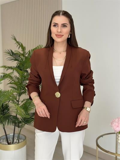 Gold Düğmeli Dik Yaka Blazer Ceket Kahve
