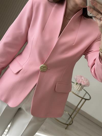 Gold Düğmeli Dik Yaka Blazer Ceket Pembe