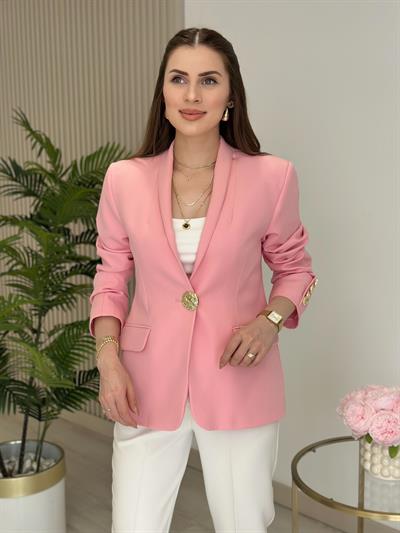 Gold Düğmeli Dik Yaka Blazer Ceket Pembe