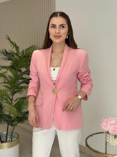 Gold Düğmeli Dik Yaka Blazer Ceket Pembe
