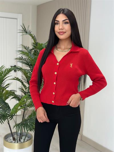 Gold Düğmeli Göğsü İşlemeli Hırka Kırmızı