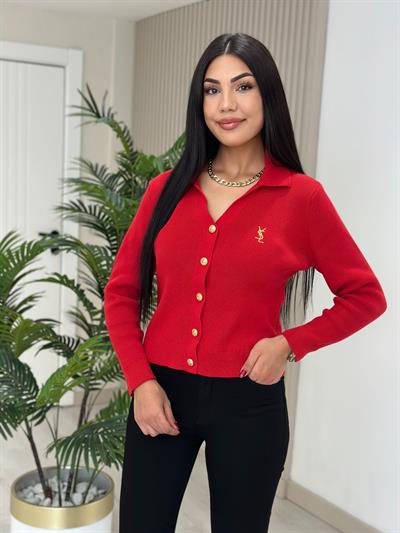 Gold Düğmeli Göğsü İşlemeli Hırka Kırmızı