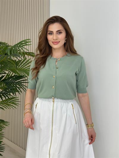Gold Düğmeli Kısa Kollu Hırka Mint