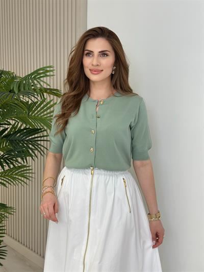Gold Düğmeli Kısa Kollu Hırka Mint