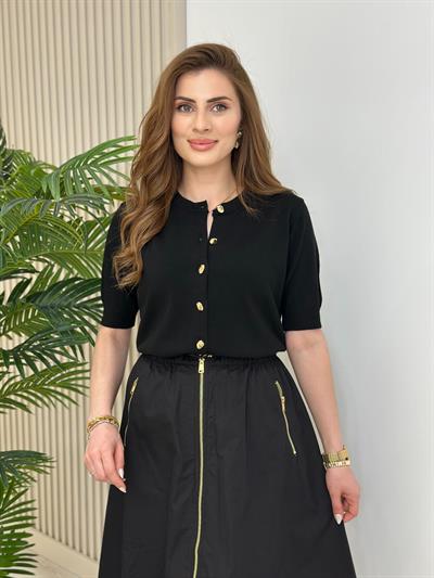 Gold Düğmeli Kısa Kollu Hırka Siyah