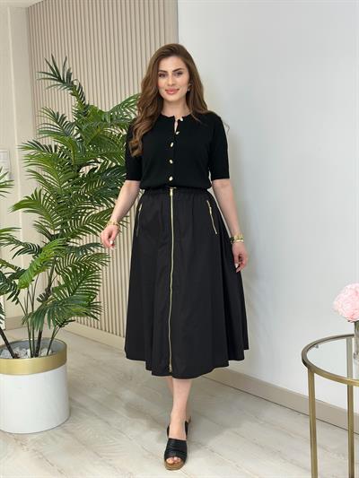 Gold Düğmeli Kısa Kollu Hırka Siyah