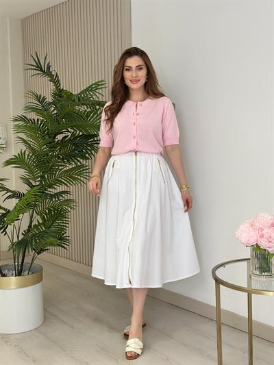 Gold Düğmeli Kısa Kollu Hırka Toz Pembe