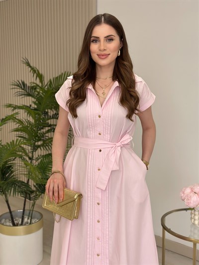 Gold Düğmeli Önü Drape Detaylı Gömlek Elbise Pembe