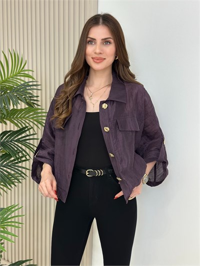 Gold Düğmeli Parlak Bambu Kumaş Bomber Ceket Mürdüm