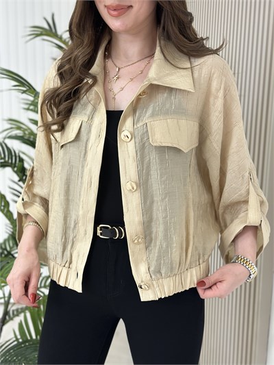 Gold Düğmeli Parlak Bambu Kumaş Bomber Ceket Bej