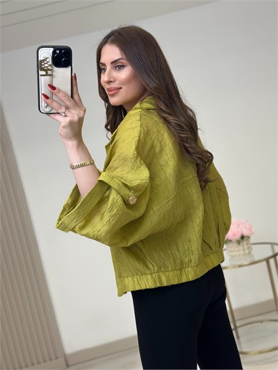 Gold Düğmeli Parlak Bambu Kumaş Bomber Ceket Yağ Yeşili