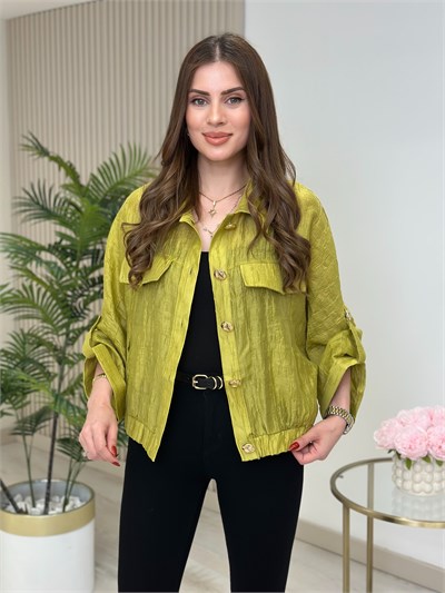 Gold Düğmeli Parlak Bambu Kumaş Bomber Ceket Yağ Yeşili