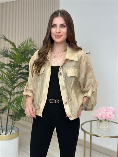 Gold Düğmeli Parlak Bambu Kumaş Bomber Ceket Bej