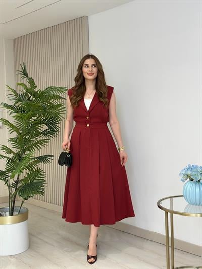 Gold Düğmeli Yelek Etek Takım Bordo