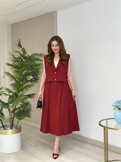 Gold Düğmeli Yelek Etek Takım Bordo