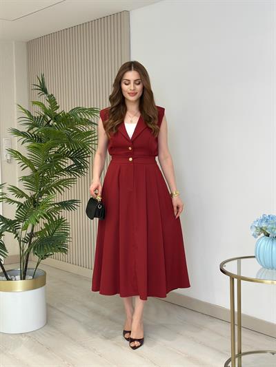 Gold Düğmeli Yelek Etek Takım Bordo