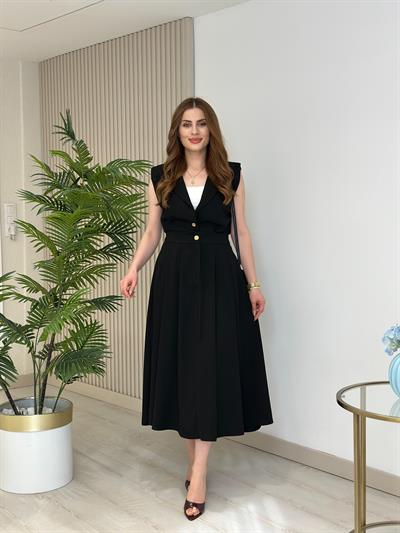 Gold Düğmeli Yelek Etek Takım Siyah