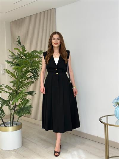 Gold Düğmeli Yelek Etek Takım Siyah