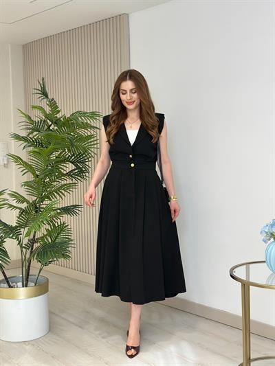 Gold Düğmeli Yelek Etek Takım Siyah