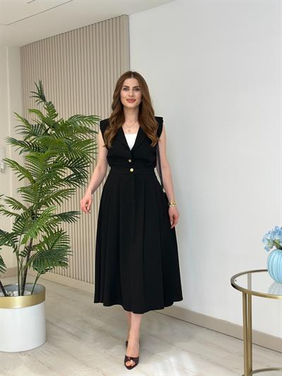 Gold Düğmeli Yelek Etek Takım Siyah