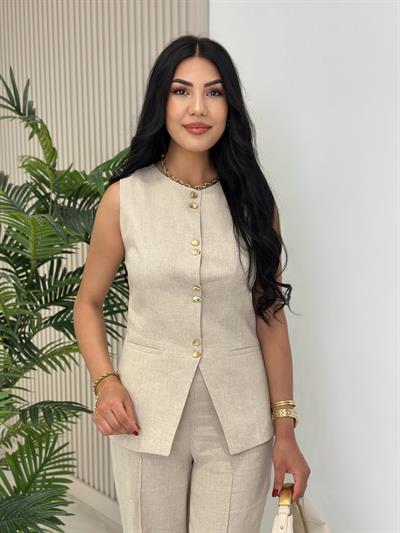 Gold Düğmeli Yelekli Organik Keten Natürel Takım