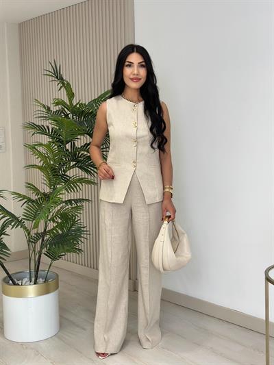 Gold Düğmeli Yelekli Organik Keten Natürel Takım