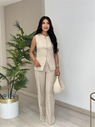 Gold Düğmeli Yelekli Organik Keten Natürel Takım