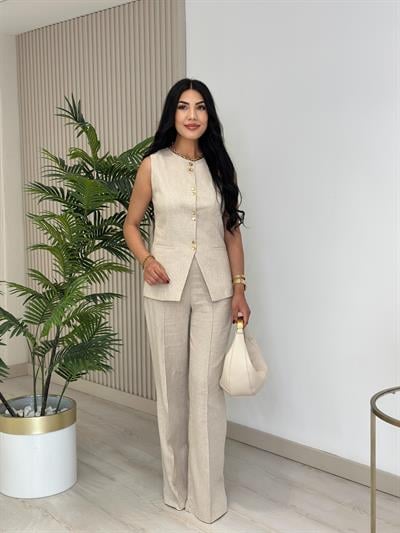 Gold Düğmeli Yelekli Organik Keten Natürel Takım