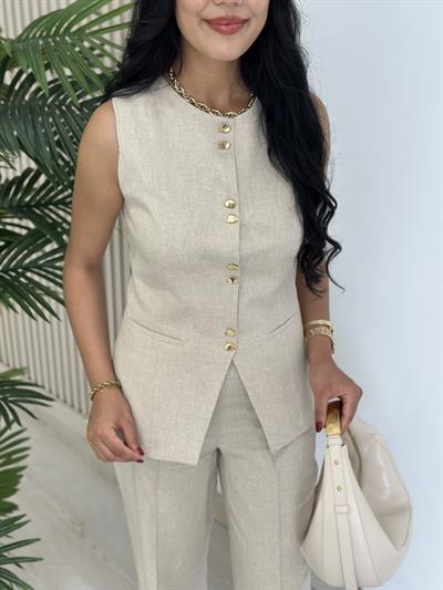 Gold Düğmeli Yelekli Organik Keten Natürel Takım